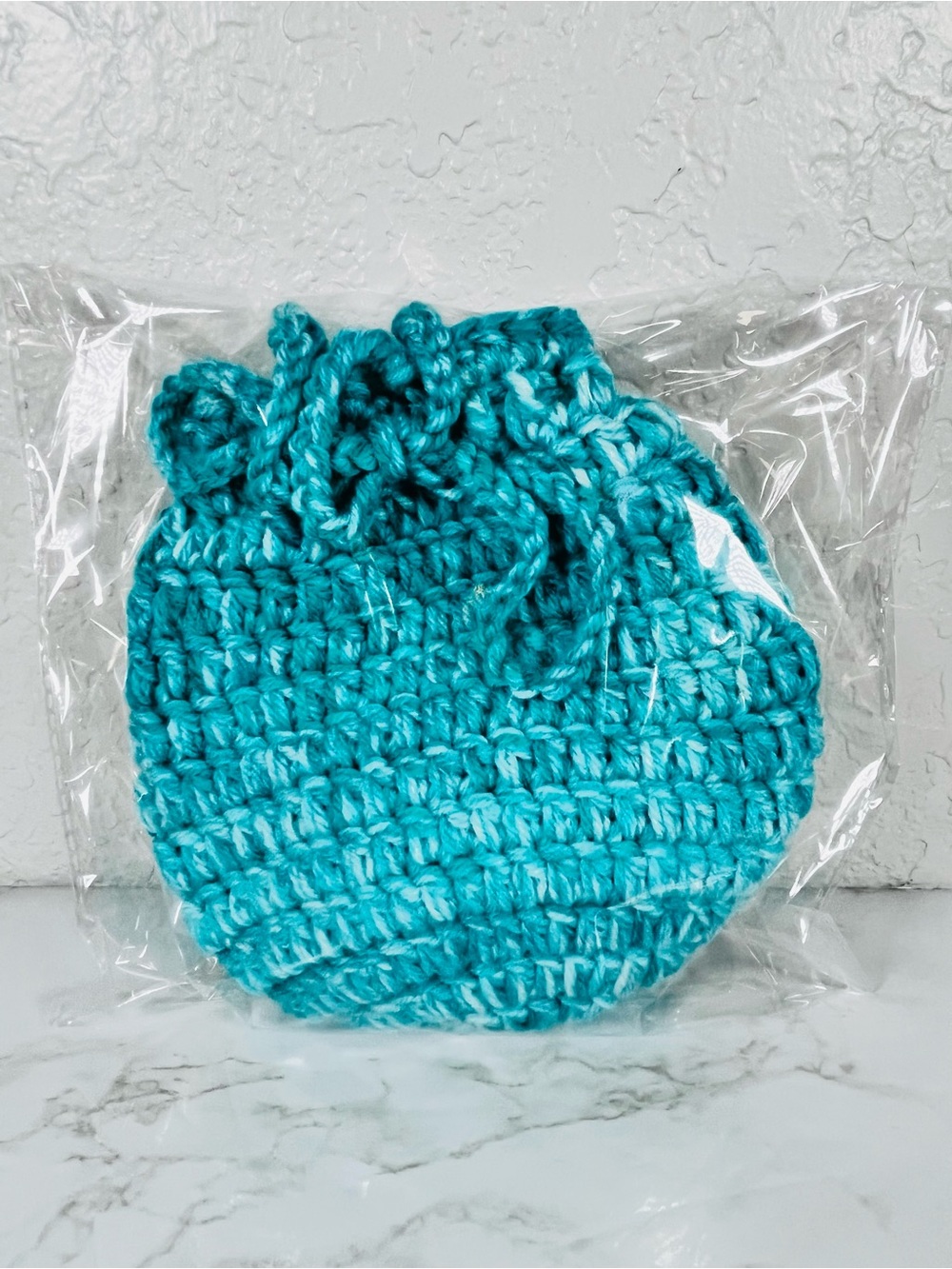 Teal Crochet Drawstring Bag With 2 Matching Scrunchies - Picture 10 of 10